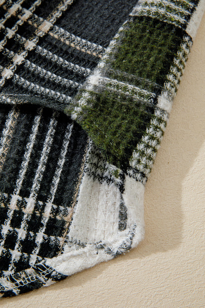 Black Plaid Print Textured Knit Buttoned Shacket