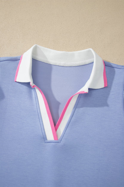 Sky Blue Preppy Striped Trim V Neck Polo Tee Drawstring Skirt Set