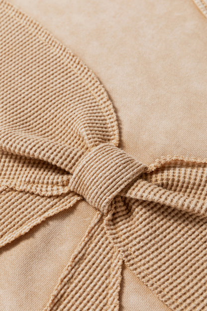 Light French Beige Mineral Wash Big Bow Patchwork Pullover Sweatshirt