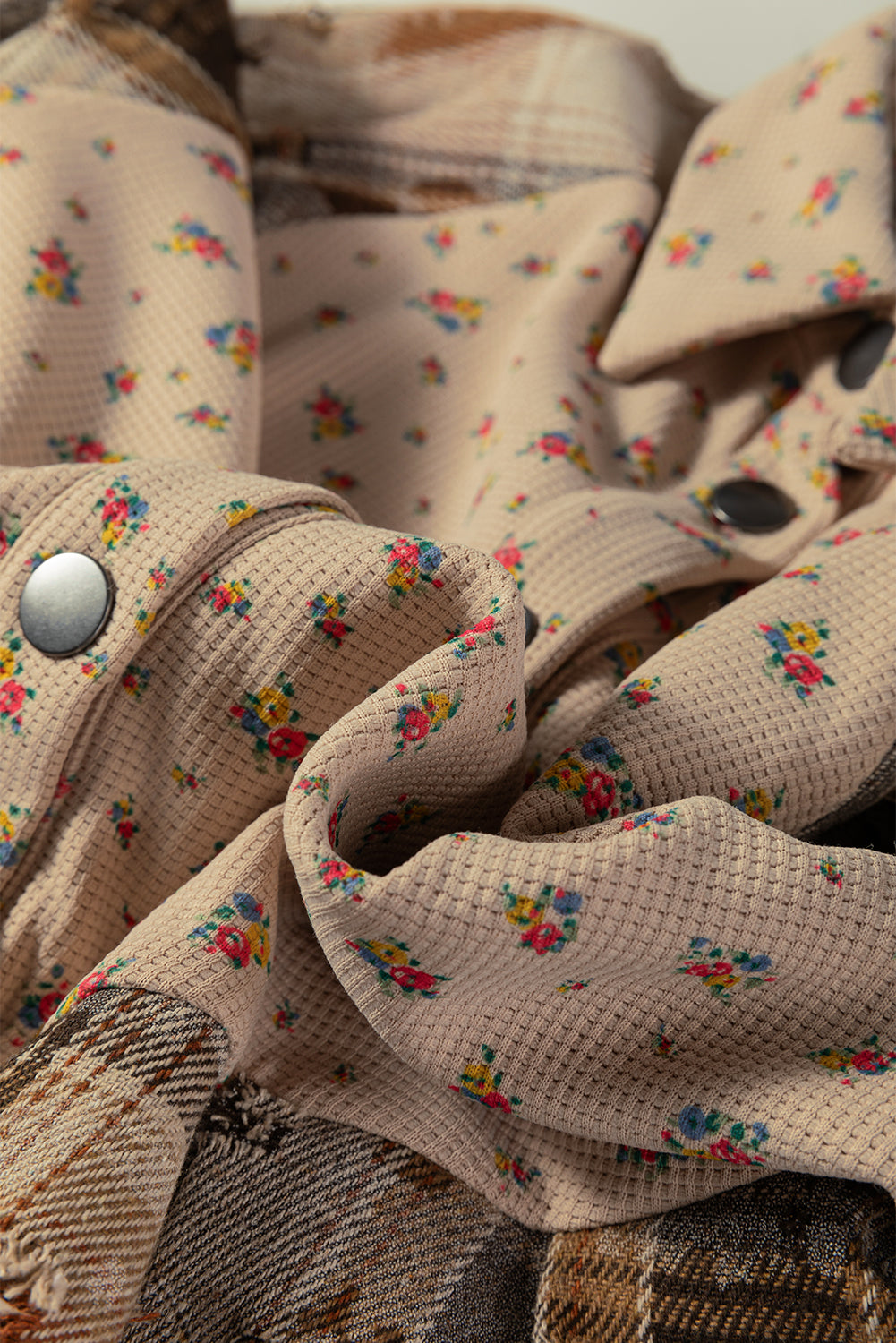 Ashleigh Blue Boho Floral Plaid Patchwork Distressed Detail Ruffled Sleeve Waffle Knit Shacket