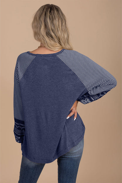 Navy Blue Contrast Print Striped Raglan Long Sleeve Loose Top