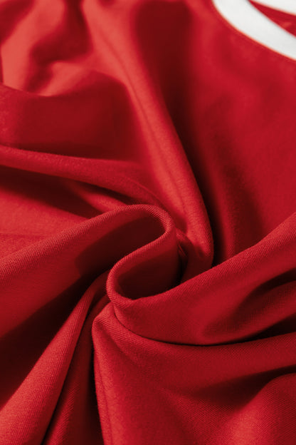 Fiery Red Varsity Striped Accent Contrast Crew Neck Long Sleeve T Shirt