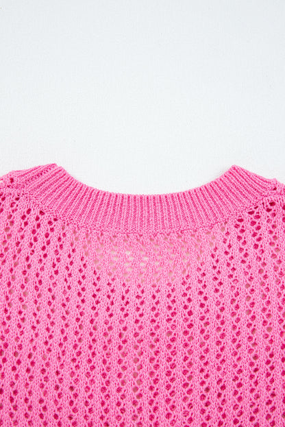 Sachet Pink Sweet Bow Decor Hollow Out Knitted Drop Shoulder Sweater