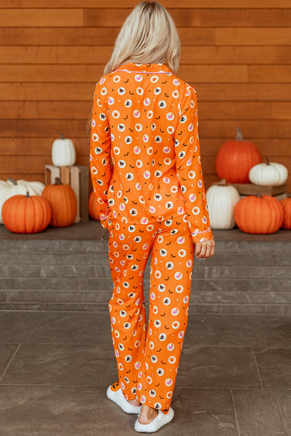 Orange Halloween Print Lapel Shirt Long 2pcs Pajama Set