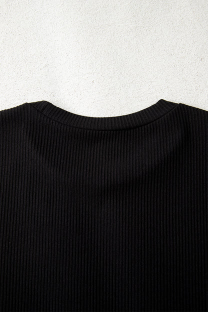 Black Ribbed Long Sleeve Crew Neck Solid Color Bodysuit