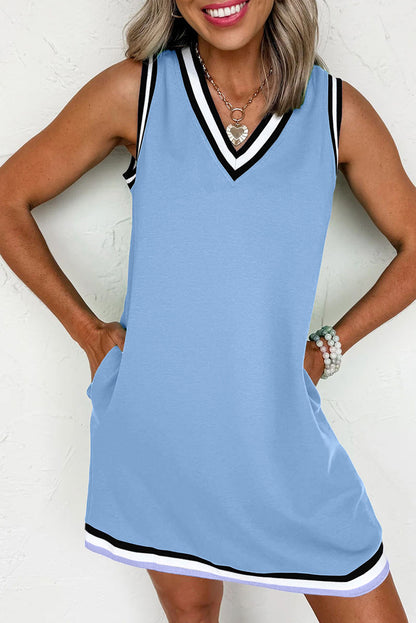 Purple Orchid Color Contrast Trim V Neck Shift Sleeveless Mini Dress