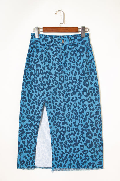 Sky Blue Leopard Denim Frayed Split Denim Midi Skirt