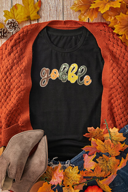 Black gobble Sequin Letter Graphic Thanksgiving T Shirt