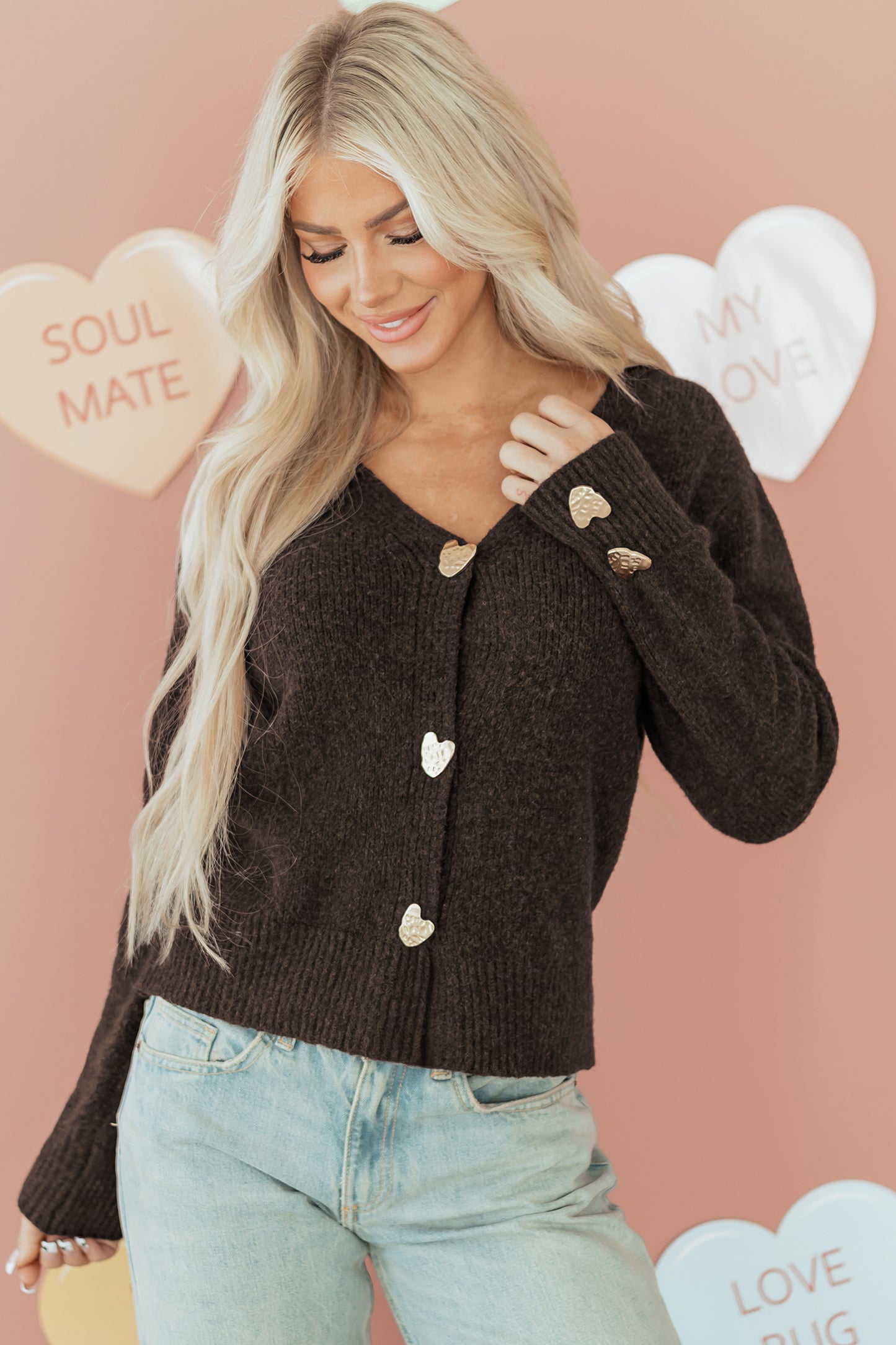 Chicory Coffee Heart Metal Button V Neck Cardigan Sweater