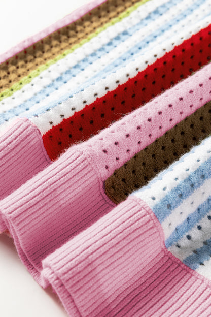 Multicolour Striped Pointelle Knit Short Sleeve Sweater