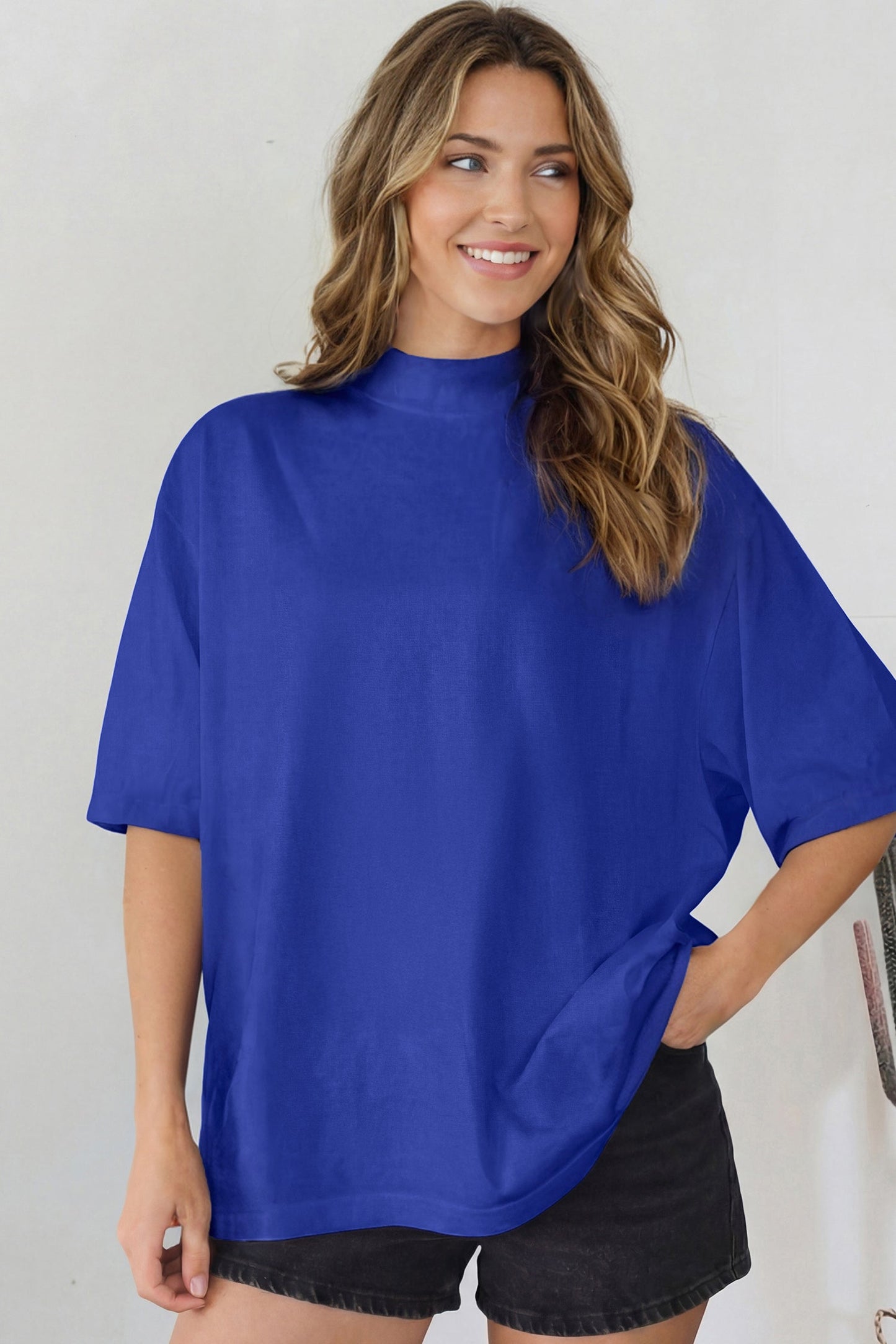 Beau Blue Solid Color High Neck Oversize Tee