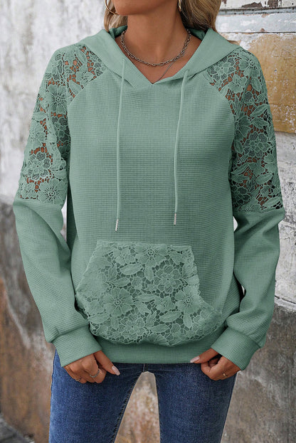 Smoke Green Lace Patchwork Raglan Sleeve Kangaroo Pocket Waffle Hoodie