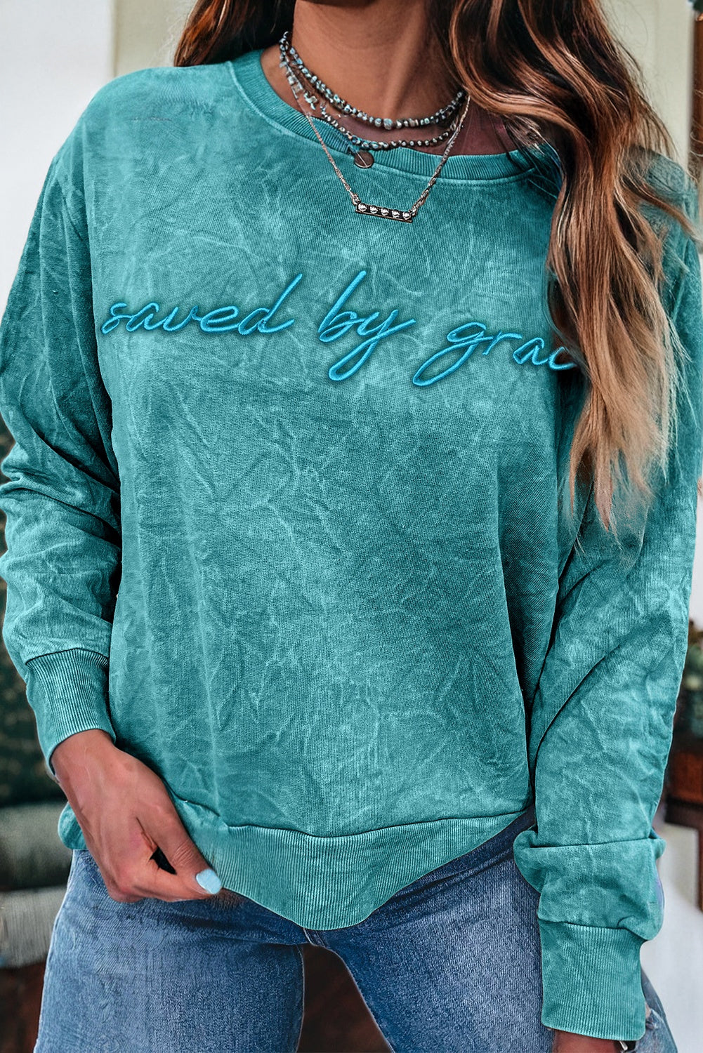 Mineral Red saved by grace Letter Embroidery Mineral Wash Loose Sweatshirt