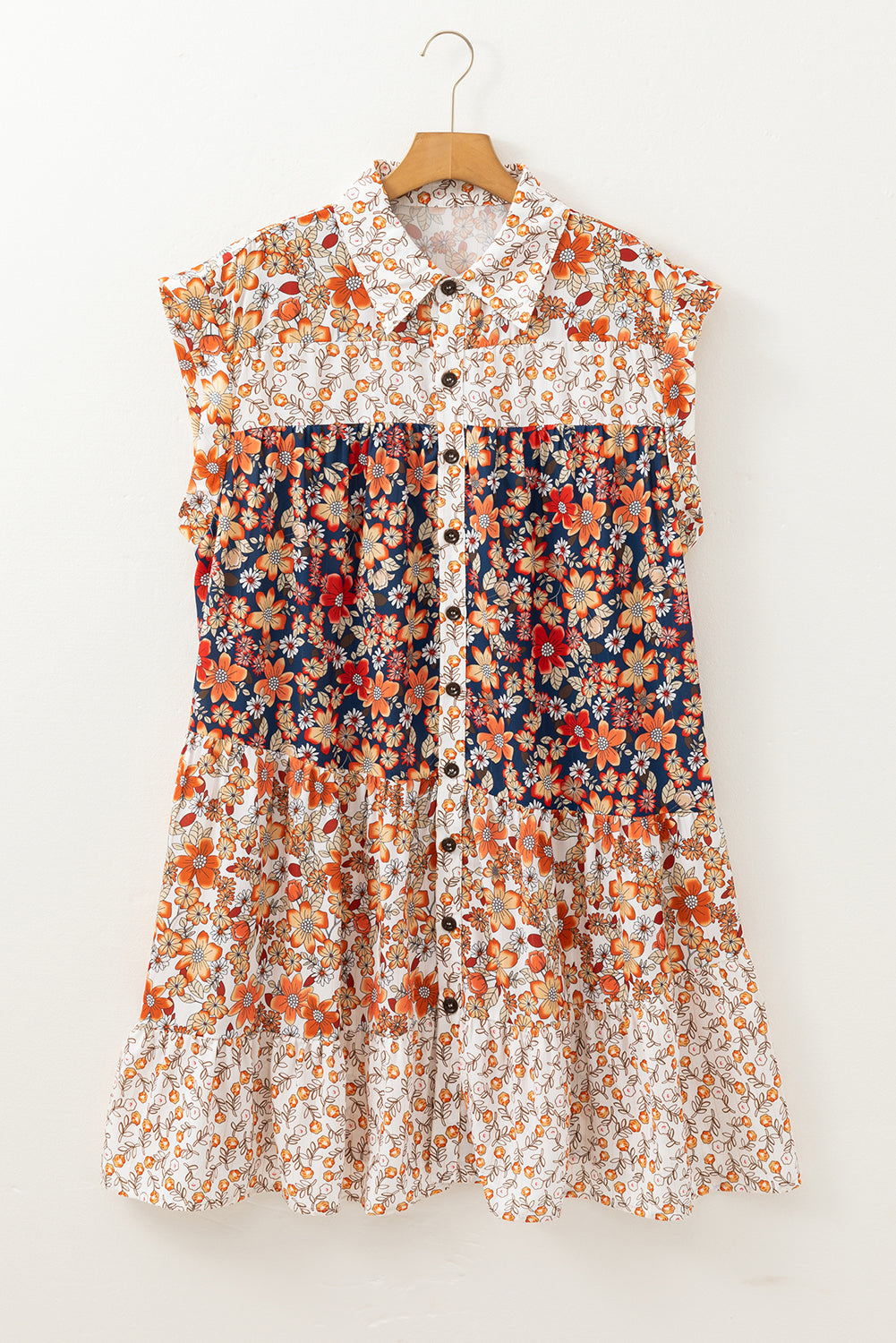 Beige Plus Size Floral Patchwork Button Front Collared Mini Dress