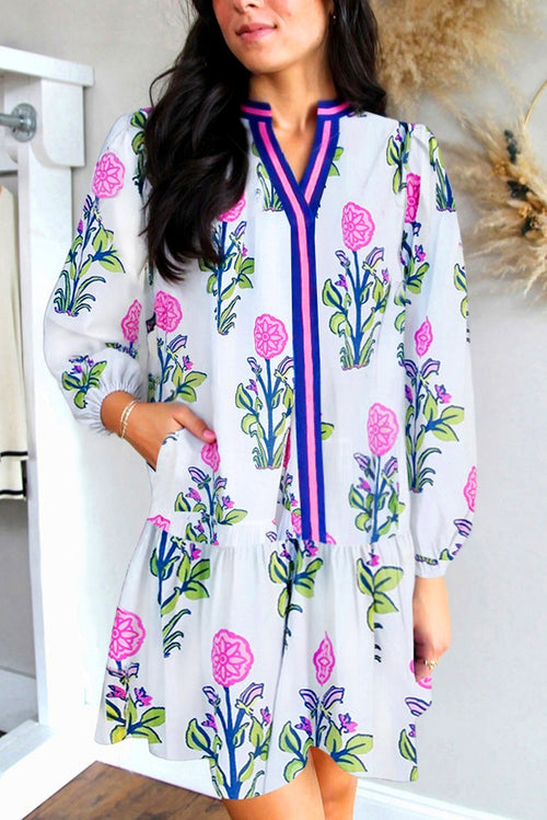 White Floral Print Contrast Striped Trim Notched Neck Long Sleeve Dress
