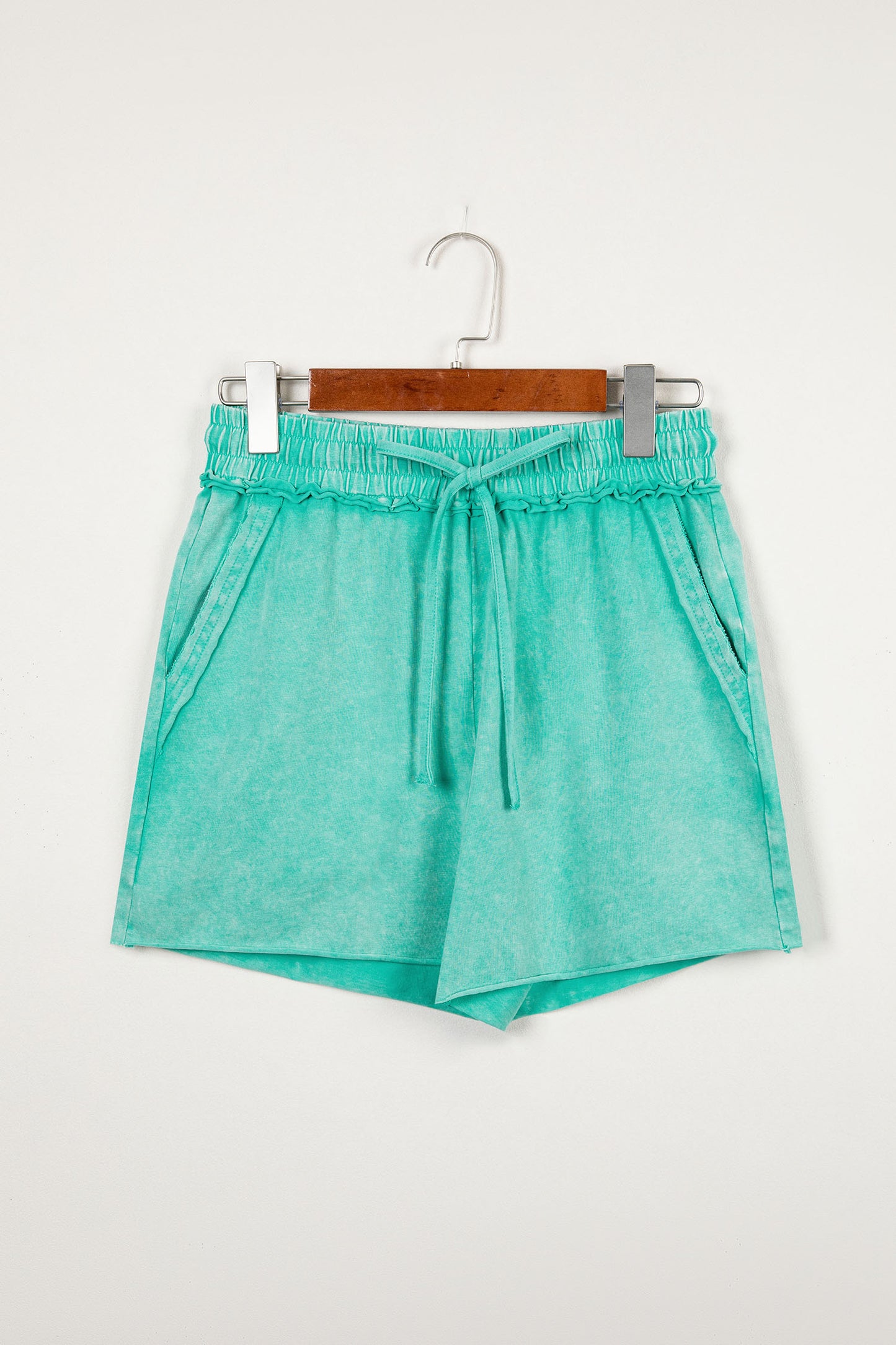 Sea Green Mineral Washed Drawstring Elastic Waist Raw Cut Shorts