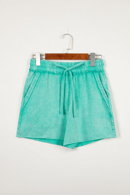 Sea Green Mineral Washed Drawstring Elastic Waist Raw Cut Shorts