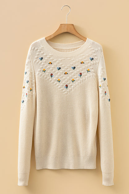 Jet Stream Mixed Texture Knit Flower Embroidered Detail Casual Sweater