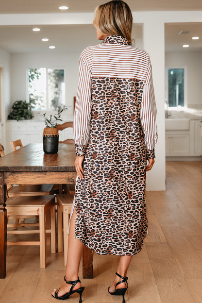 Brown Stripe Contrast Leopard Patchwork Long Shirt Dress with Slits