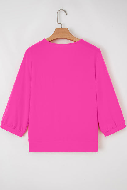 Bright Pink Frilled V Neckline Bracelet Sleeve Crinkled Blouse