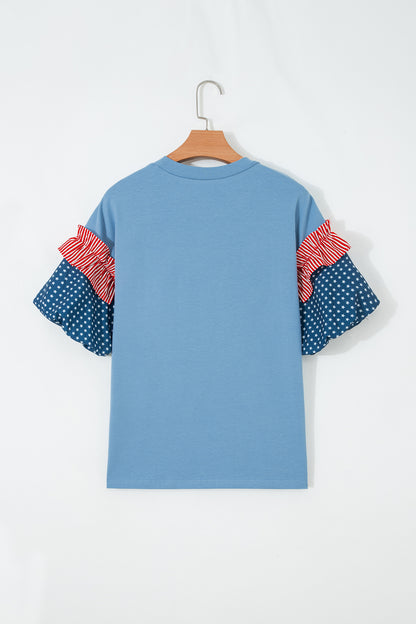 Beau Blue Stars Stripes Short Puff Sleeve Top