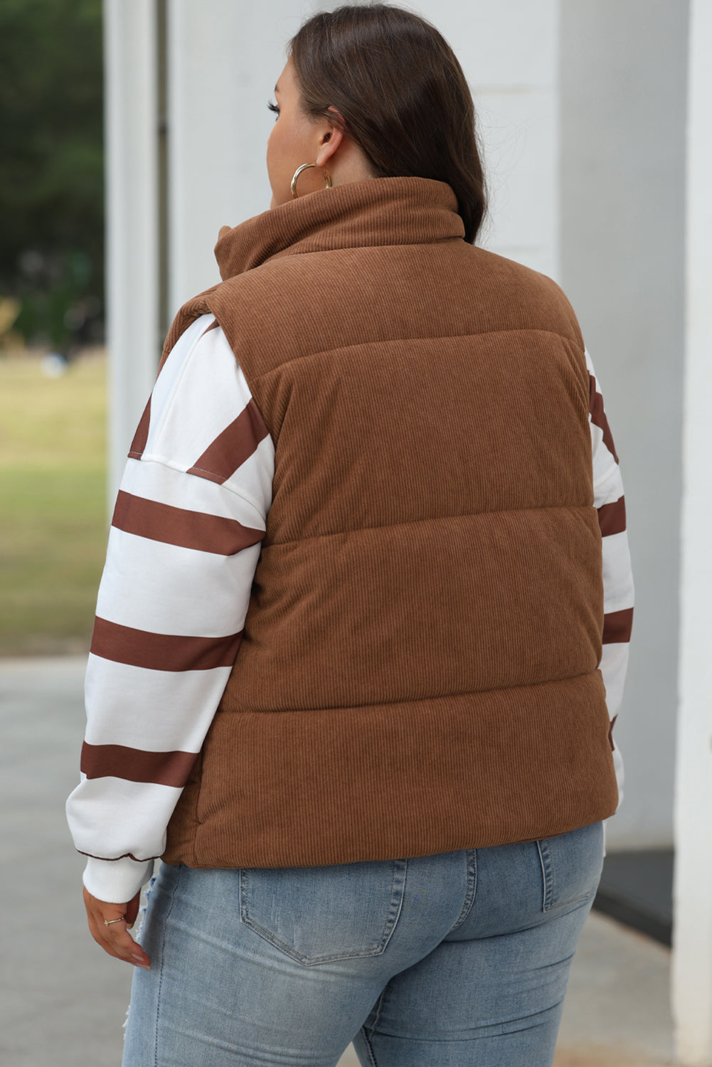 Apricot Pink Corduroy Stand Neck Zipped Puffer Vest