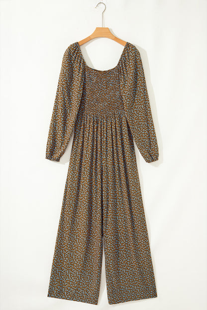 Green Floral Print Western Smocked Bodice Square Neck Wide Leg Jumpsuit