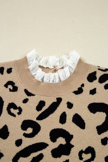 Brown Leopard Pattern Lace Ribbed Detail Button Cuffed Sweater