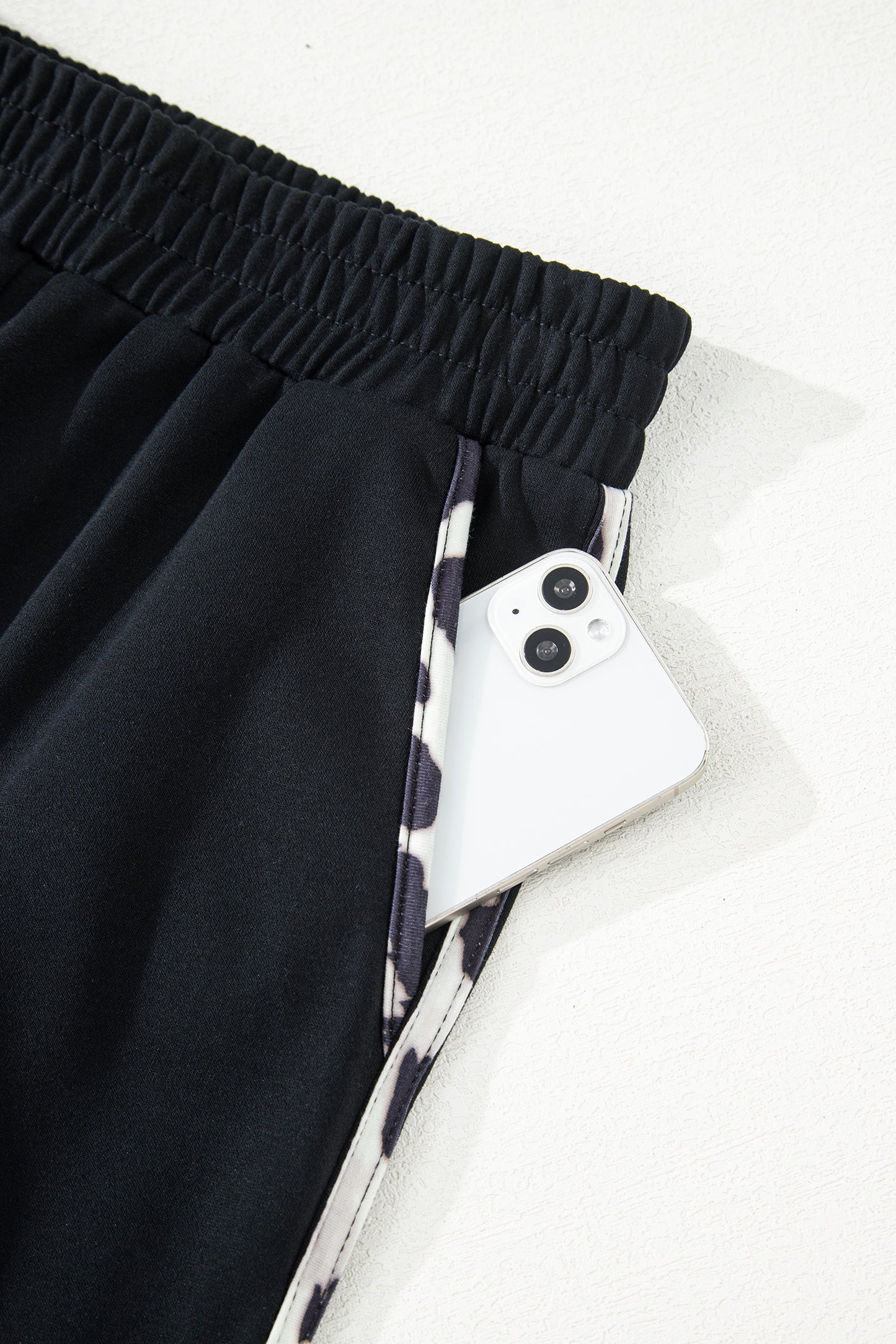 Black Contrast Leopard Trim Casual Sweatshirt Pant Set