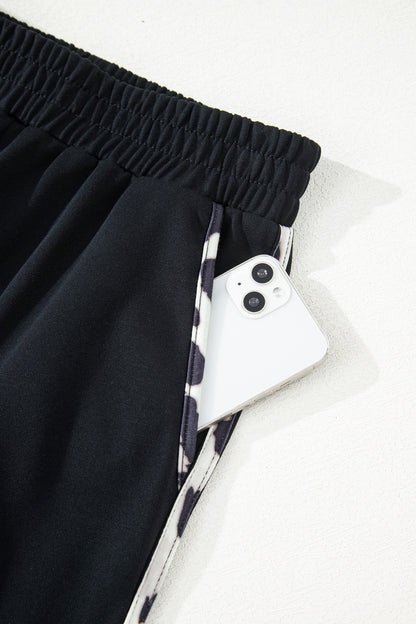 Black Contrast Leopard Trim Casual Sweatshirt Pant Set