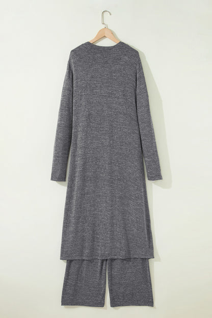 Dark Grey 3pcs V Neck T Shirt Ribbon Knot Pants Open Duster 3pcs Lounge Set