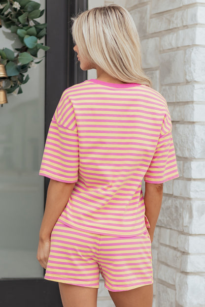 Yellow Stripe Drop Shoulder Boxy Casual Terry Short Set