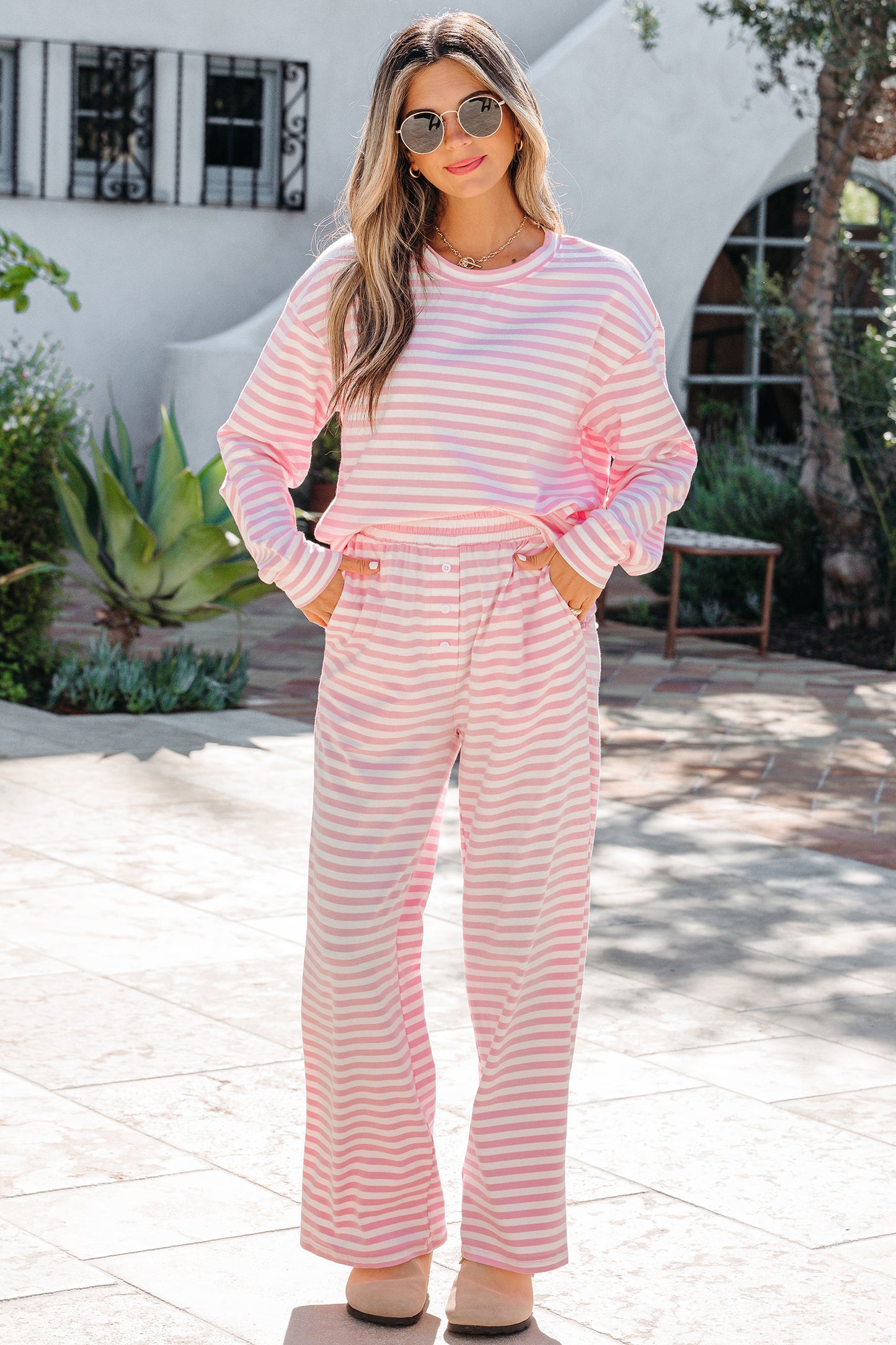 Rose Stripe Drop Shoulder Round Neck Top and Buttoned Straight Pants Two Piece Set