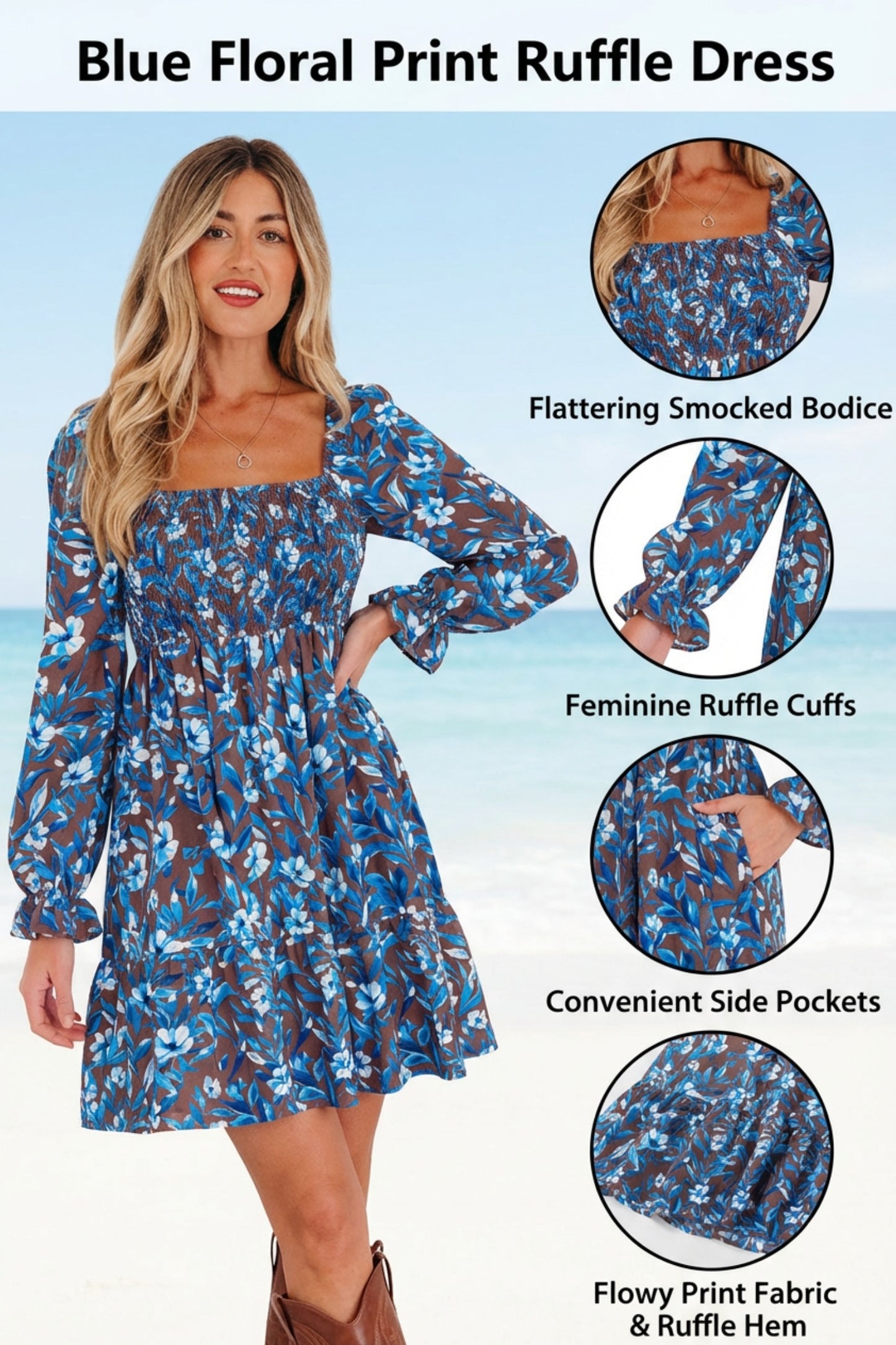 Blue Smocked Bodice High Waist Ruffled Sleeve Floral Dress