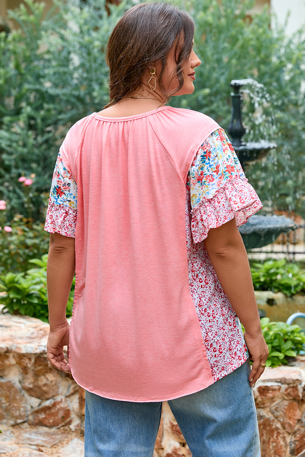 Pink Plus Size Floral Patchwork Ruffled Short Sleeve Blouse