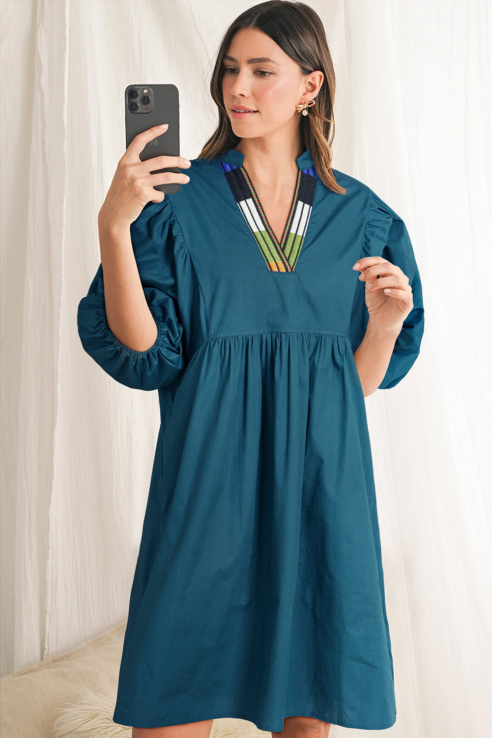 Blue Sapphire Colorblock Split V Neck Puff Sleeve Mini Dress