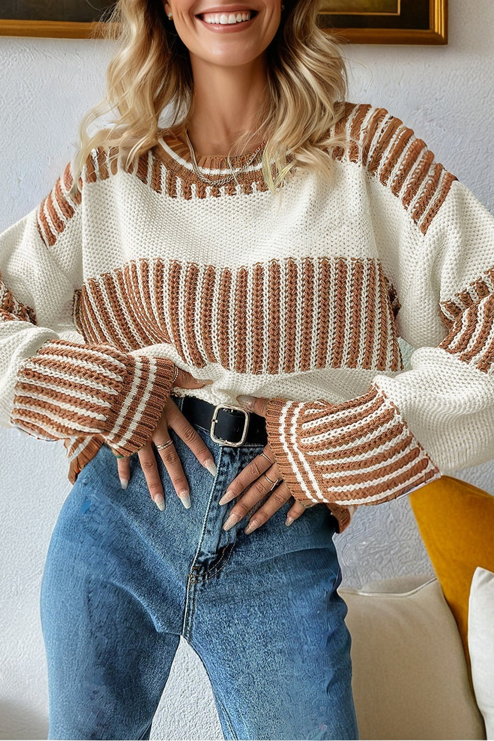 Light Blue Two Tone Striped Patchwork Drop Shoulder Loose Sweater