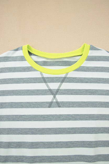 Gray Stripe Contrast Ribbed Banding Long Sleeve Blouse Loose Shorts Set