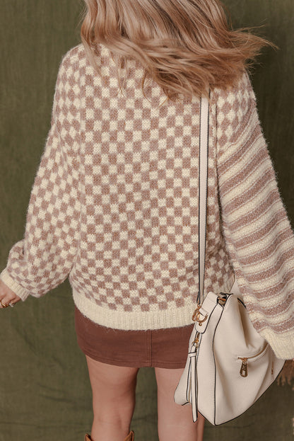 Khaki Stripe Checkerboard Drop Shoulder Balloon Sleeve Sweater