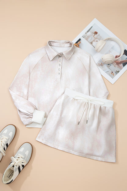 White Abstract Woodland Print Balloon Sleeve Pullover Drawstring Mini Skort Set