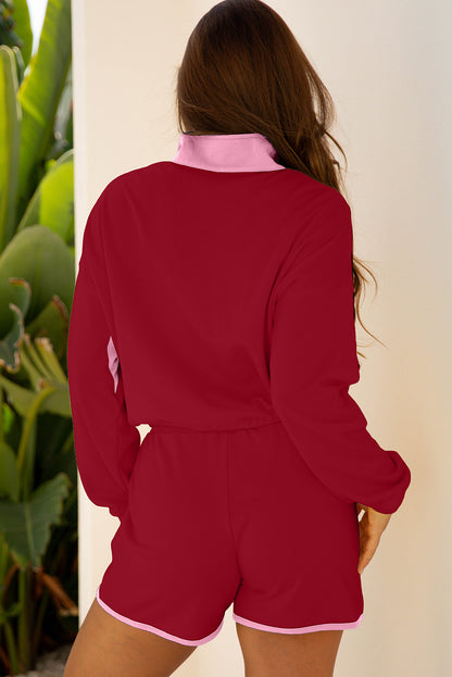 Navy Blue Color Block Patchwork Half Button Pullover and Shorts 2pcs Outfit