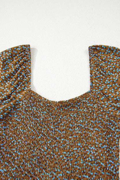 Green Floral Print Western Smocked Bodice Square Neck Wide Leg Jumpsuit