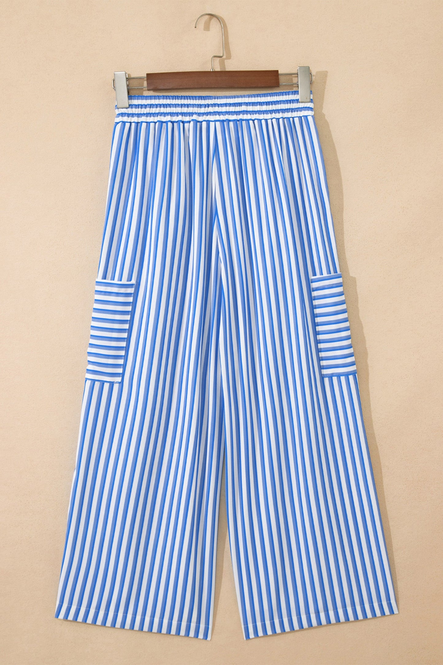 Sky Blue Stripe Drawstring Elastic Waist Patch Pocket Wide Leg Ankle-length Pants