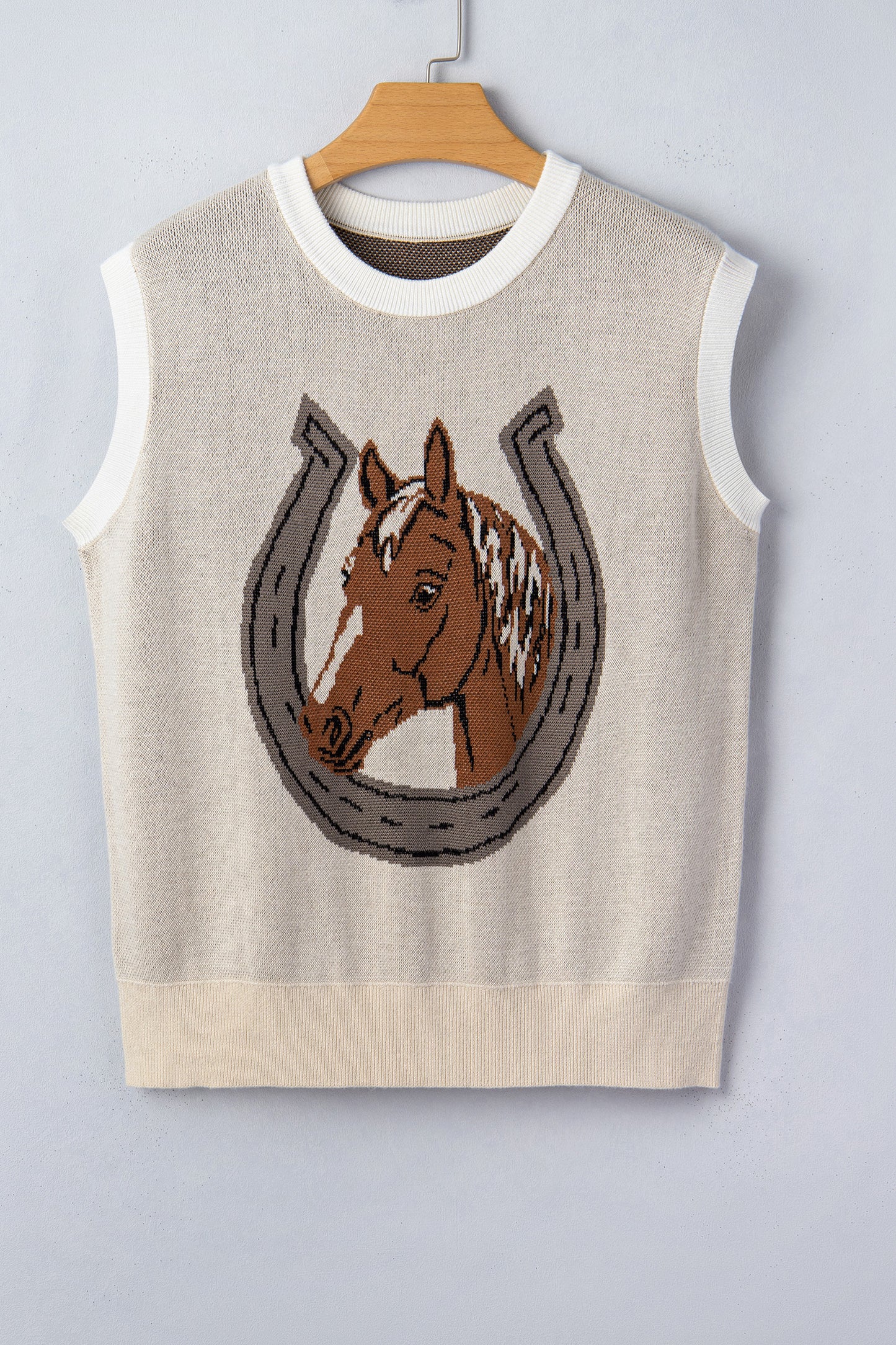 Parchment Horse Shoe Print Color Block Trim Round Neck Sleeveless Sweater