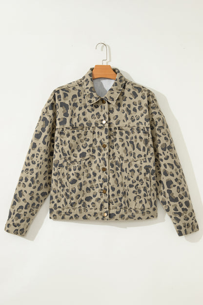 Khaki Retro Leopard Print Seam Detail Button Down Denim Jacket