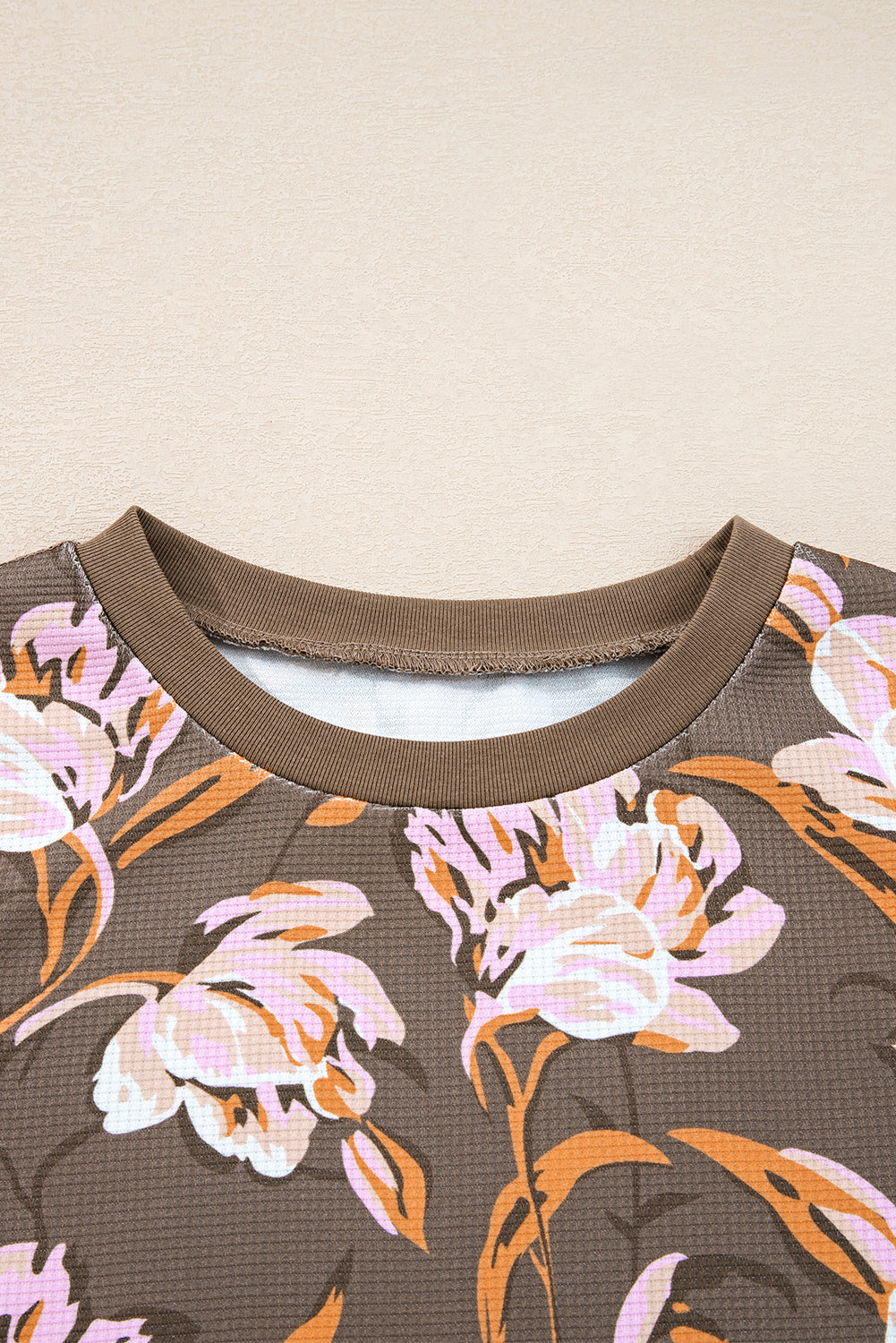 Brown Floral Print Waffle Textured Long Sleeve Top