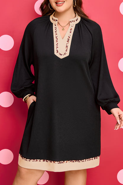Black Contrast Color Block Leopard Trim Plus Size Ribbed Dress