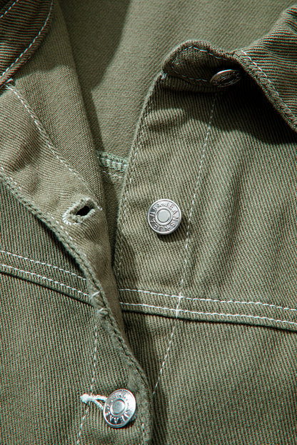 Smoke Green Patched Pocket Collared Button Front Boyfriend Denim Jacket