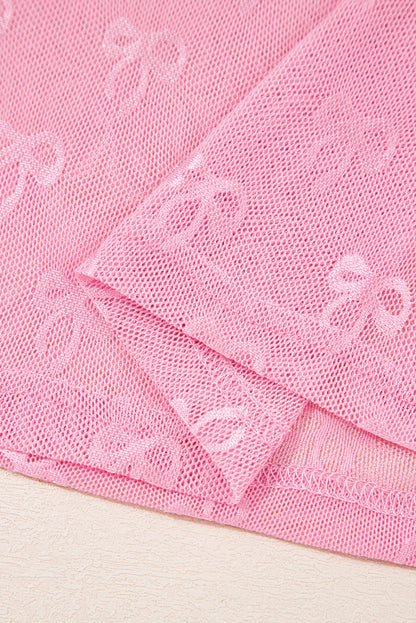 Pink Plus Size Bow Embroidered Mesh Long Sleeve Top