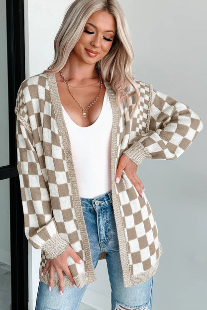 Black Checkered Open Front Drop Shoulder Cardigan